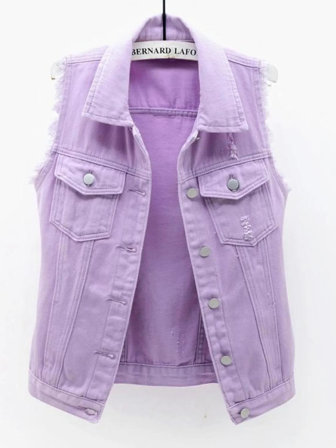 Full Size Sleeveless Frayed Denim Vest Jacket Plus Size, view 3