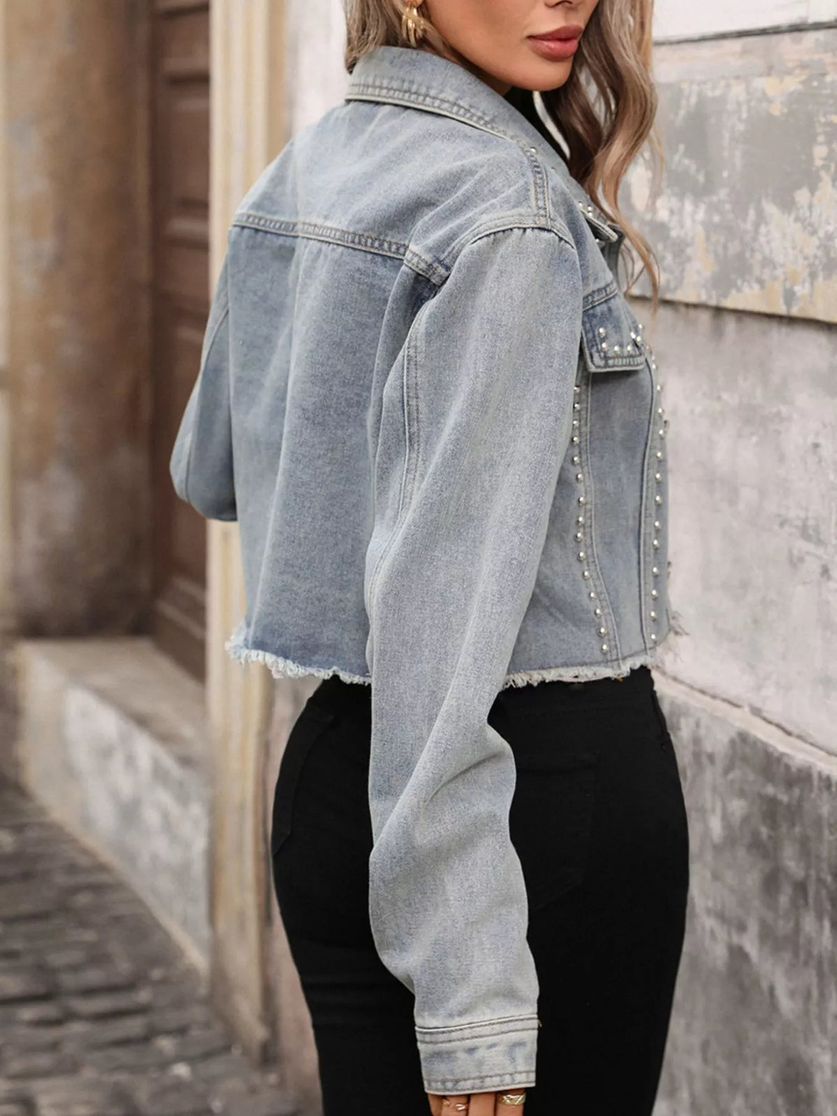 Studded Raw Hem Denim Jacket, view 3