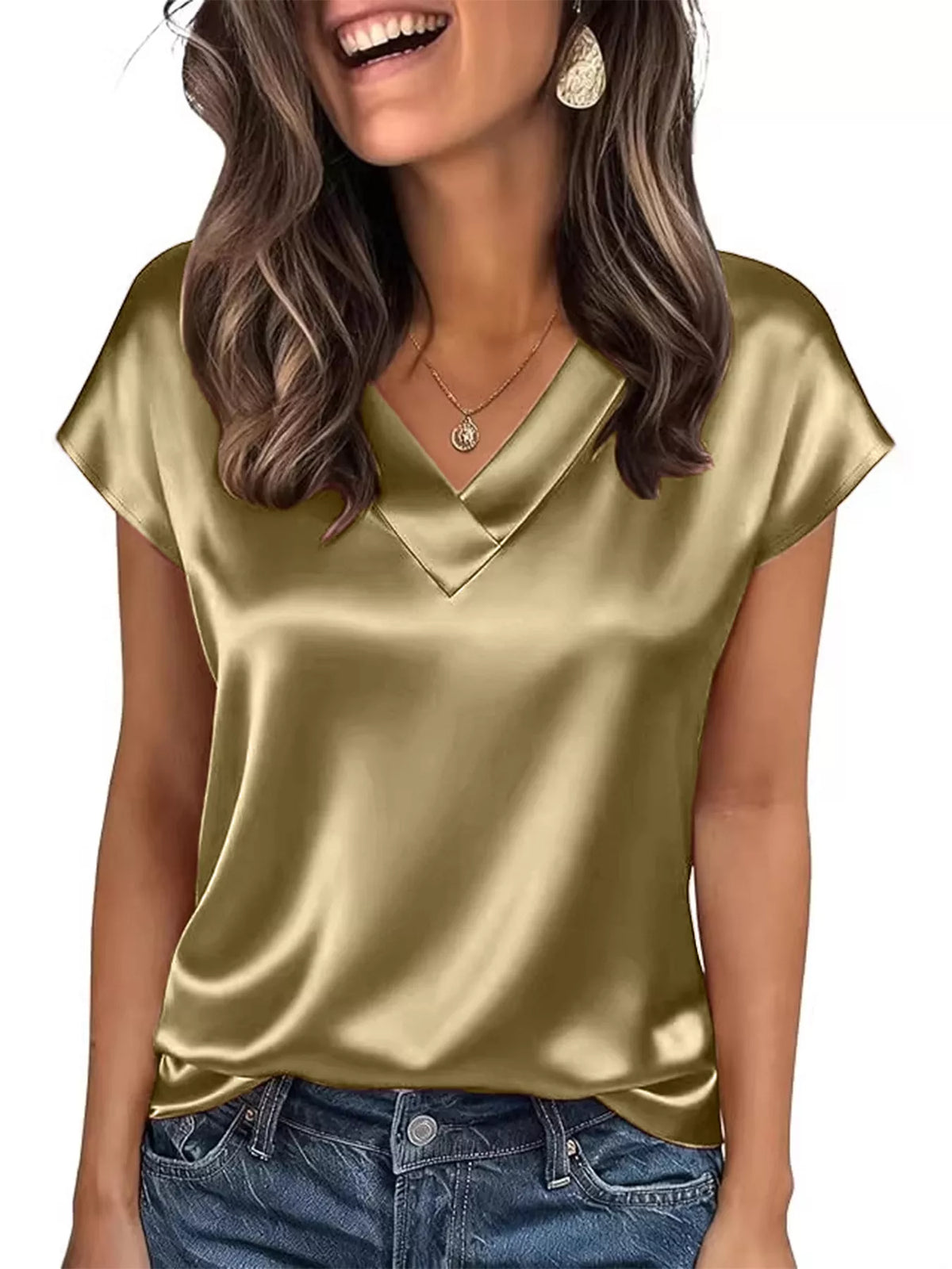Satin V-Neck Short Sleeve Blouse - Lilixa.store