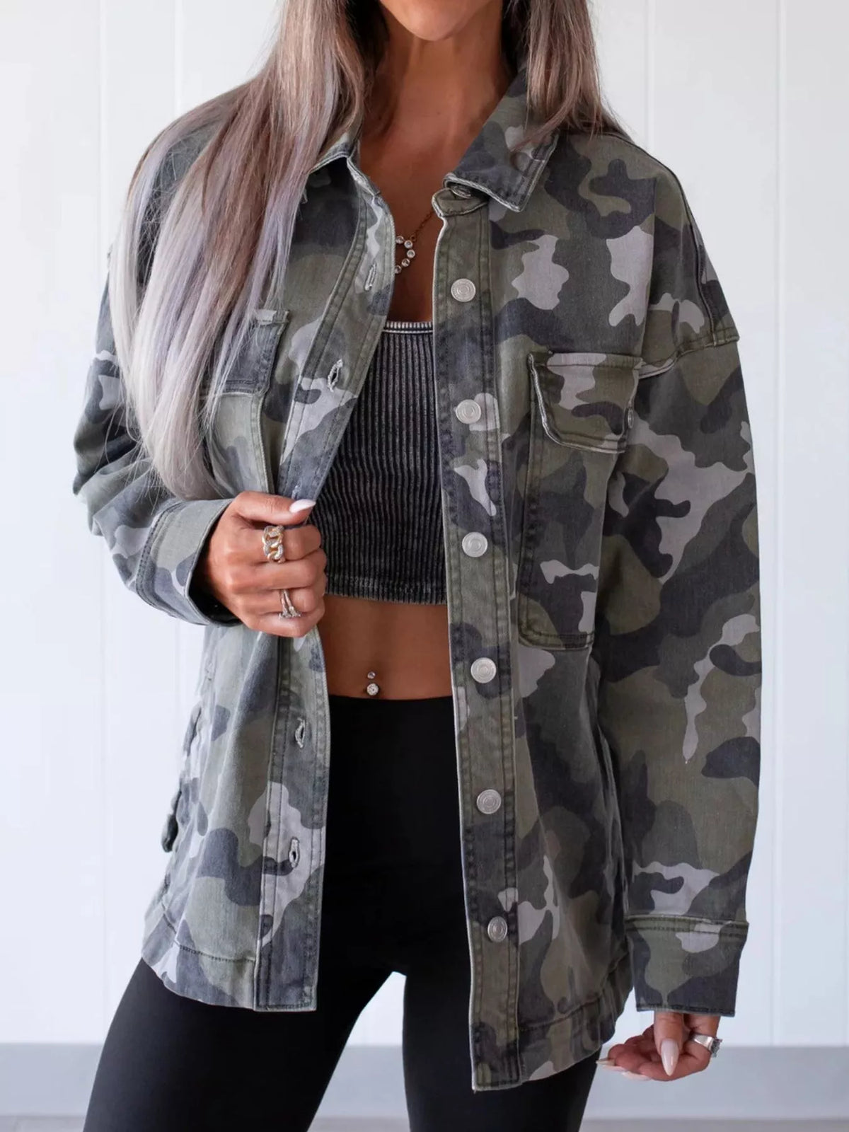 Oversized Camouflage Print Button Up Denim Jacket
