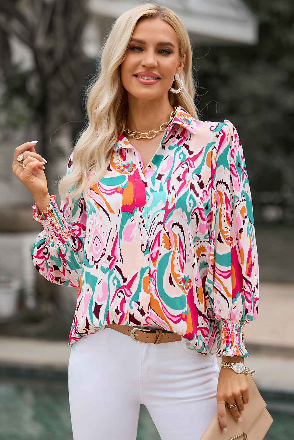 Printed Puff Sleeve Collared Blouse, view 3
