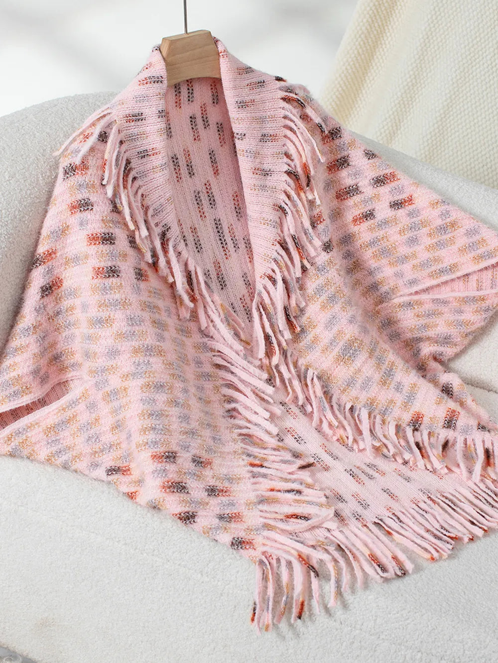Fringe Open Front Half Sleeve Poncho in Blush Pink