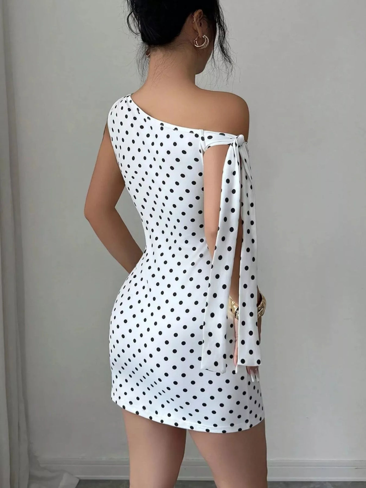One-Shoulder Polka Dot Bodycon Mini Dress in White, view 4