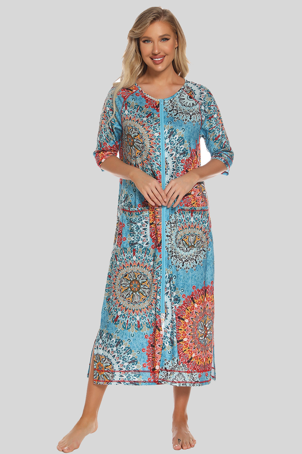 Printed Slit Night Dress with Pockets - Lilixa.store