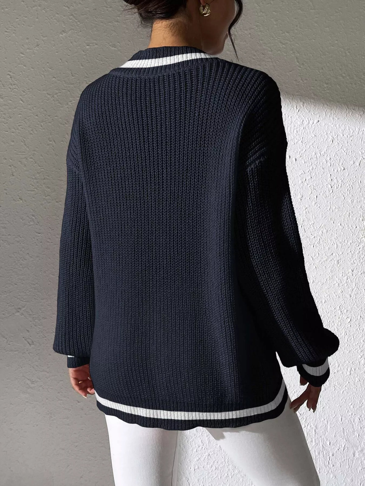 V-Neck Contrast Trim Sweater with Pearl Decor, view 6