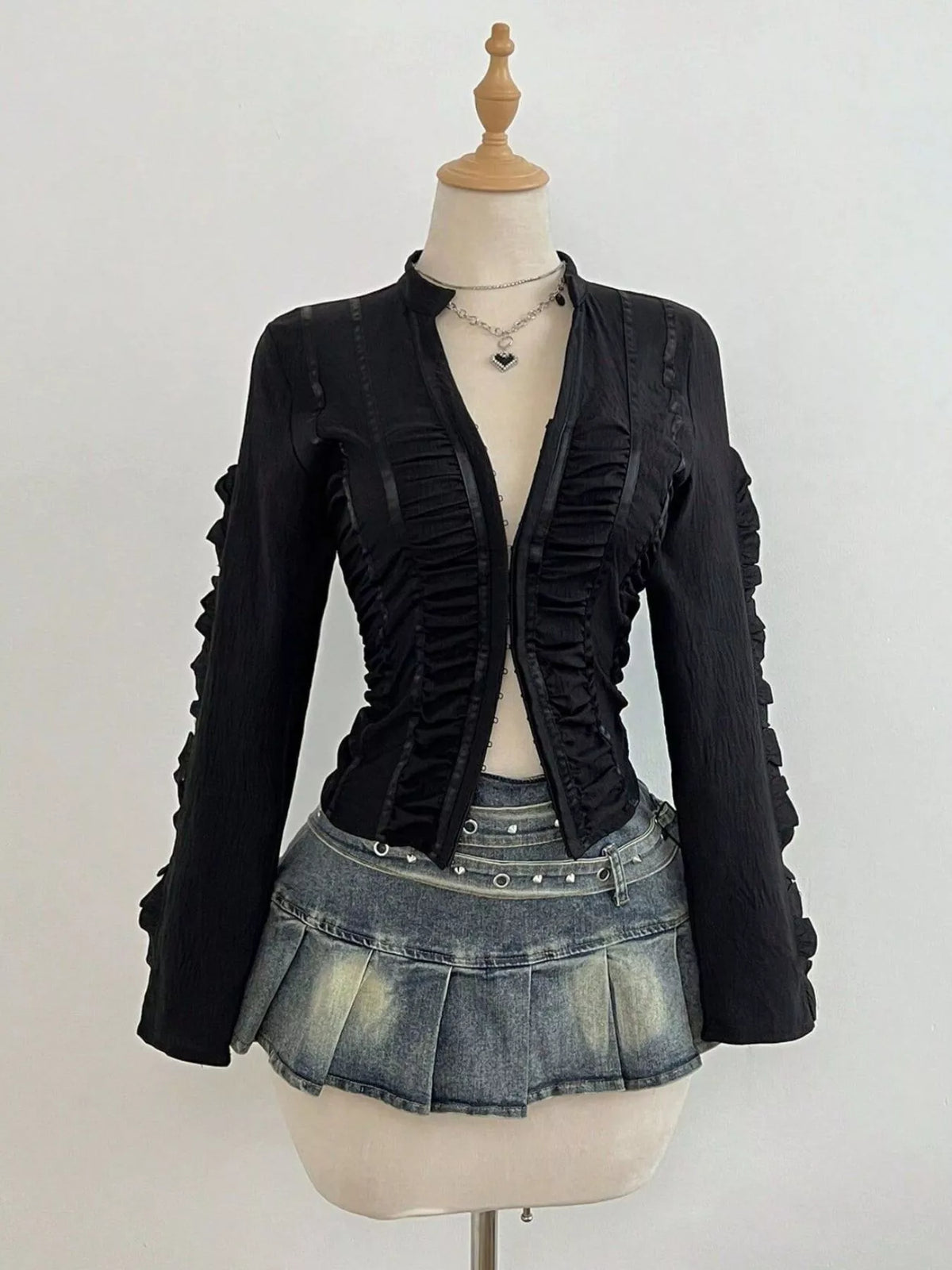 Ruched Slim-Fit Long Sleeve Top in Black, view 3