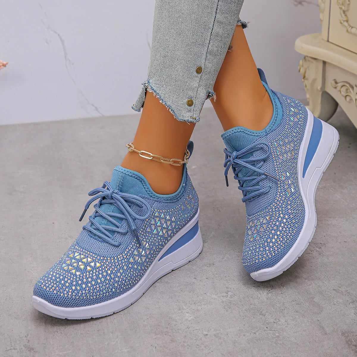 Breathable Mesh Rhinestone Wedge Athletic Sneakers - Lilixa.store