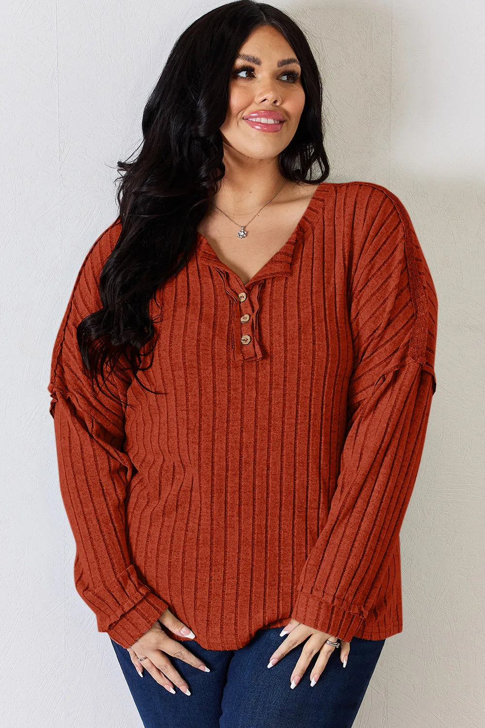 Basic Bae Full Size Ribbed Half Button Long Sleeve T-Shirt - Lilixa.store