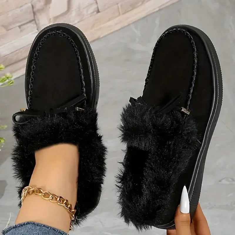 Bow Furry Round Toe Flat Slip-Ons in Black