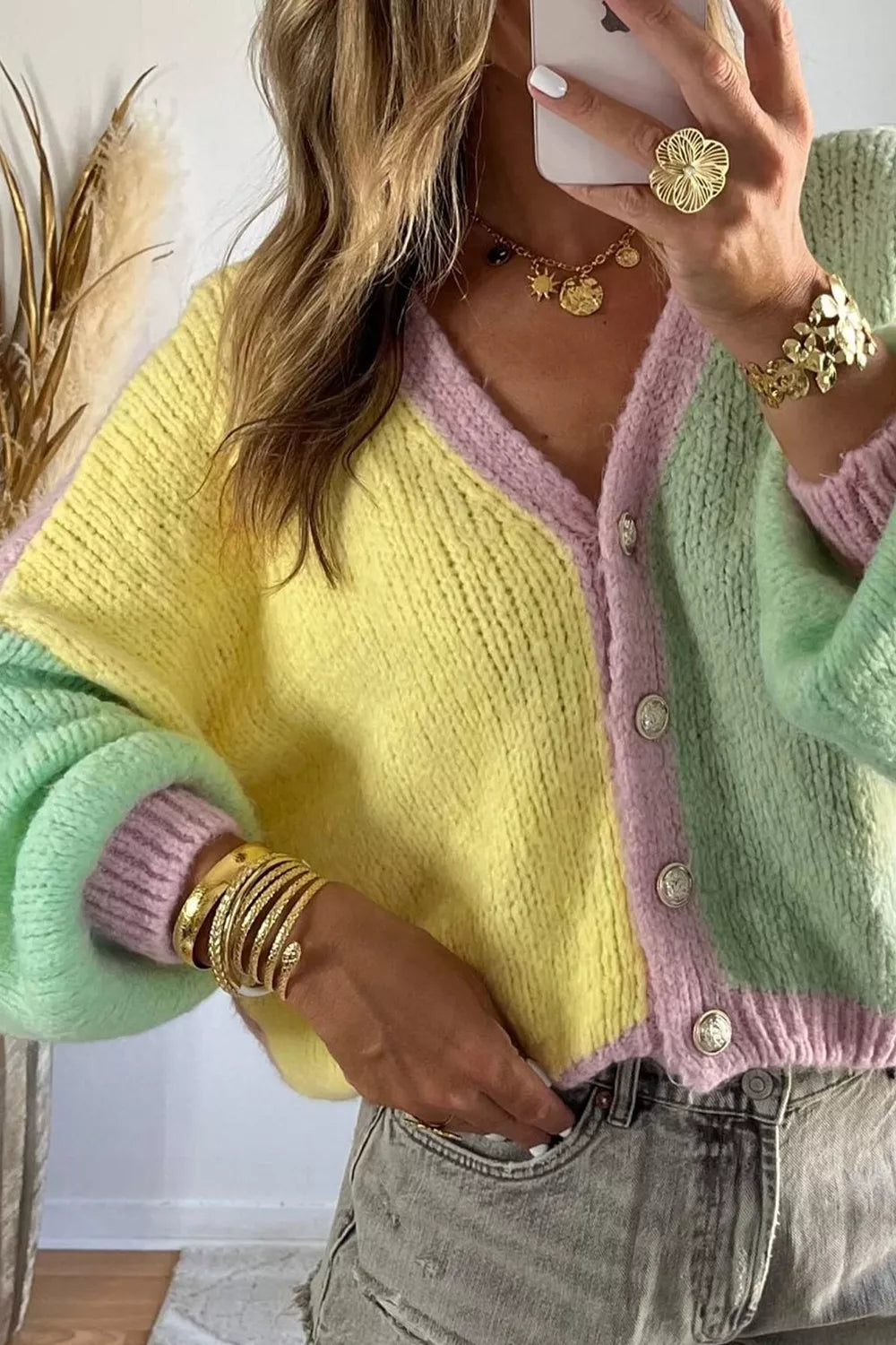 V Neck Drop Shoulder Patchwork Regular Wash Knitwear Cardigan - Lilixa.store