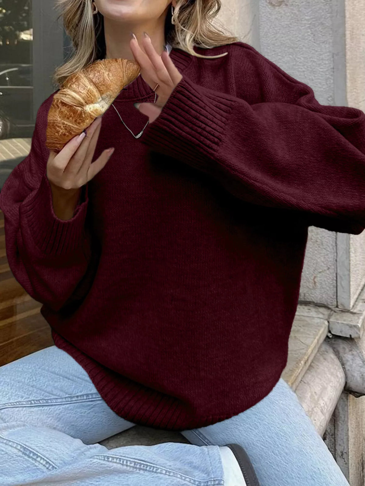 Ribbed Round Neck Dropped Shoulder Sweater - Lilixa.store