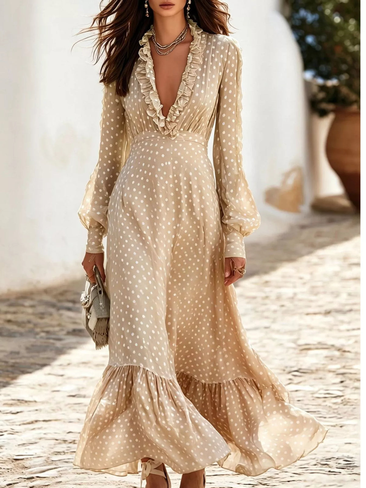 Full Size Polka Dot Ruffle V-Neck Maxi Dress Plus Size - Lilixa.store