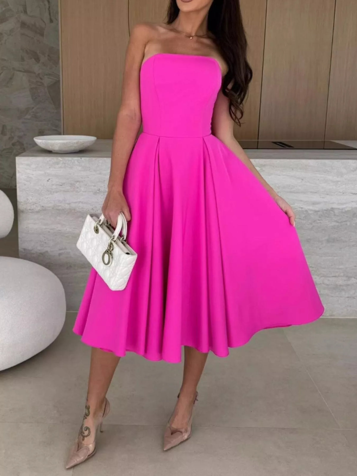 Strapless Ruched A-Line Midi Dress, view 10