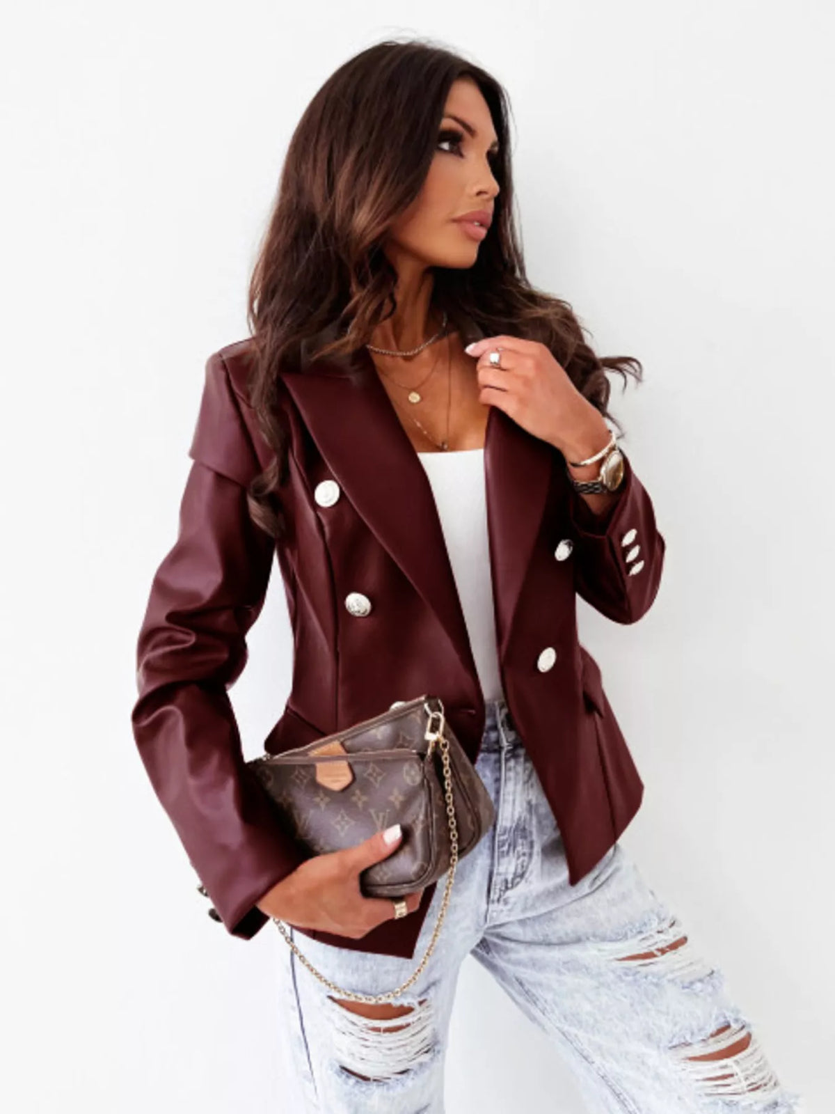 Lapel Collar Leather Blazer - Lilixa.store