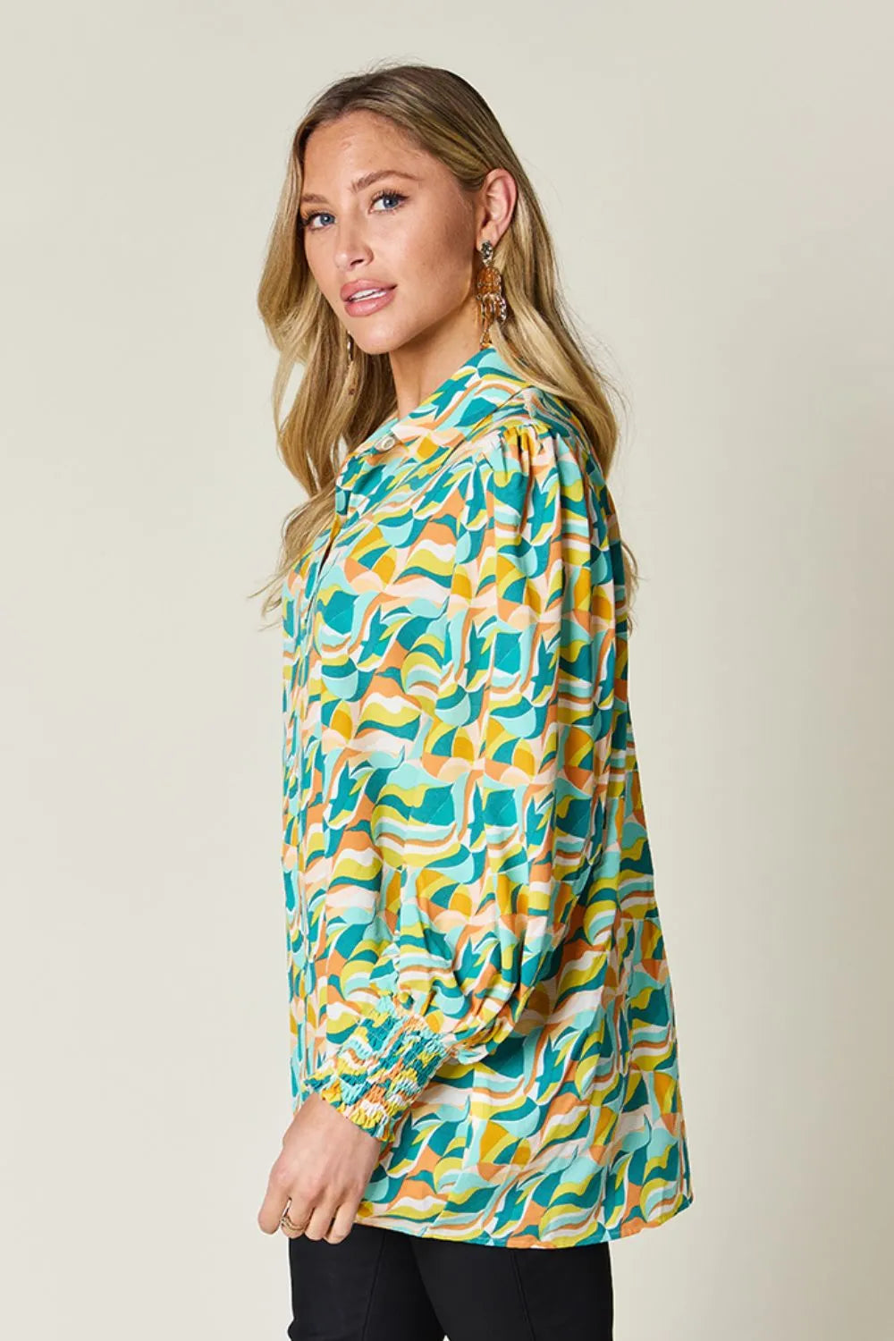 Double Take Full Size Printed Smocked Long Sleeve Blouse in Turquoise, view 3