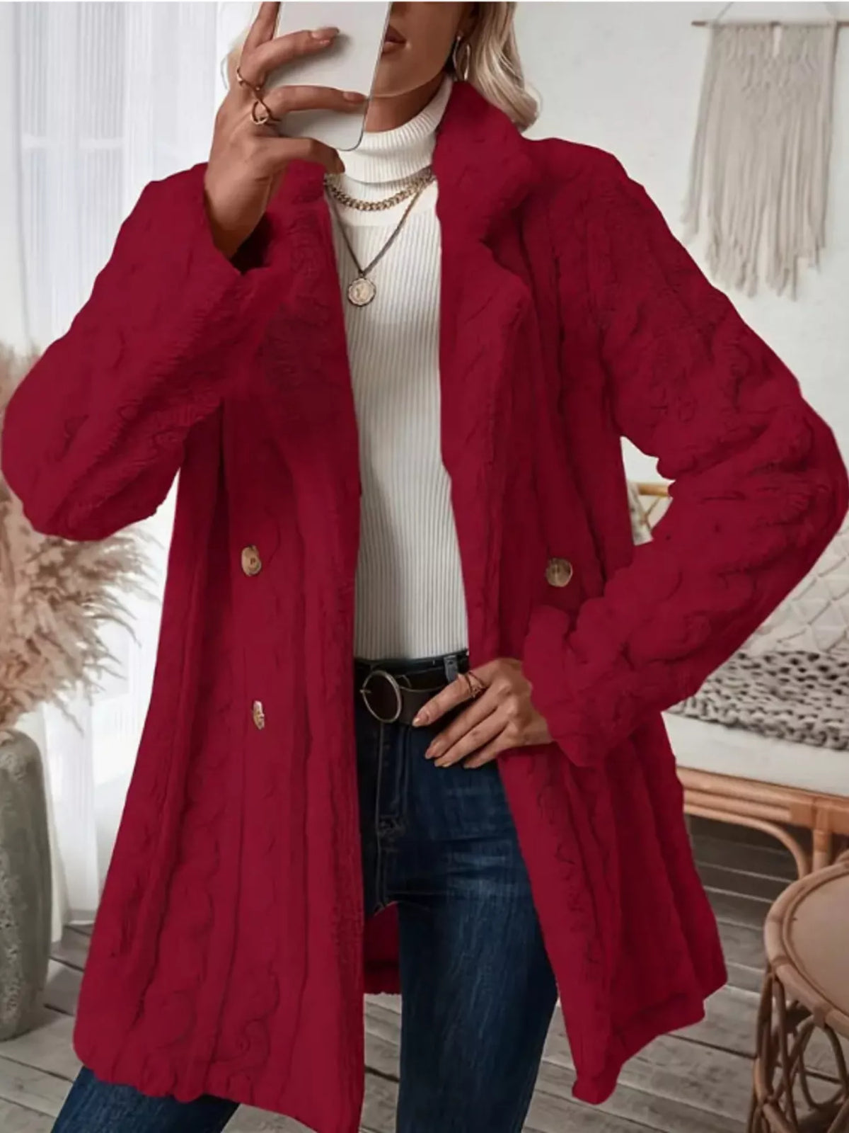 Cozy Faux Shearling Double-Breasted Outerwear, view 22