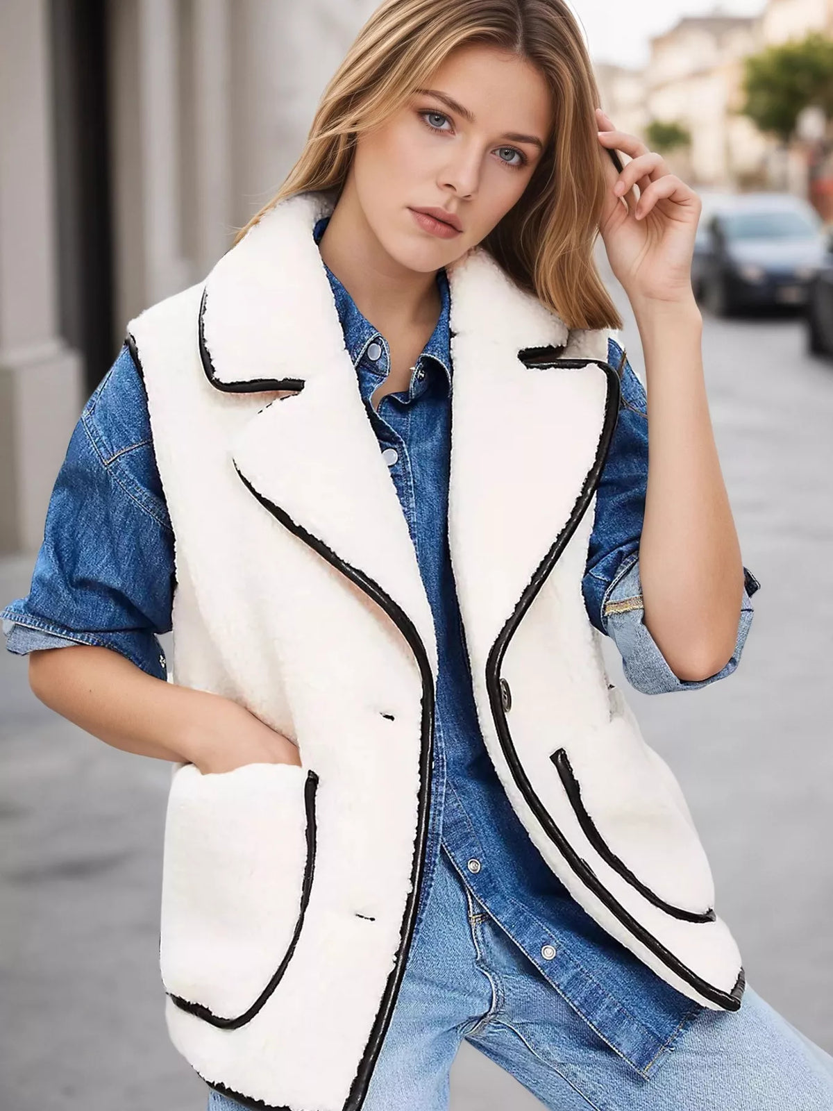 Sherpa Fleece Vest Coat with Contrast Trim - Lilixa.store