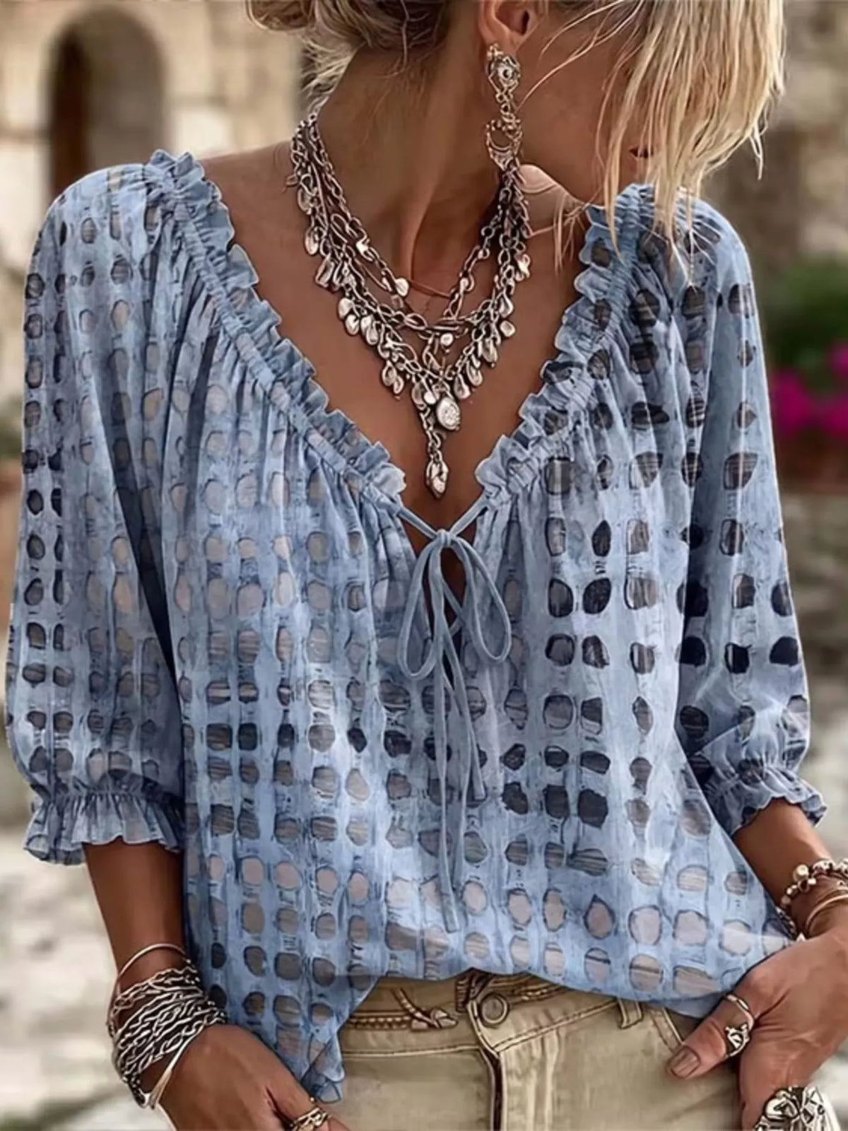 Full Size Tie Neck 3/4 Sleeve Blouse Plus Size - Lilixa.store