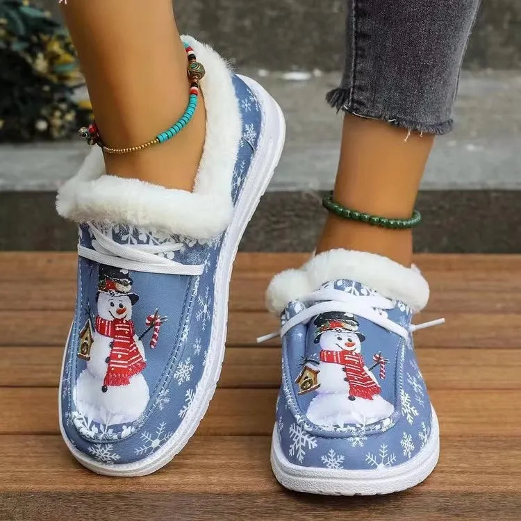 Snowman Print Round Toe Slip-Ons in Light Blue