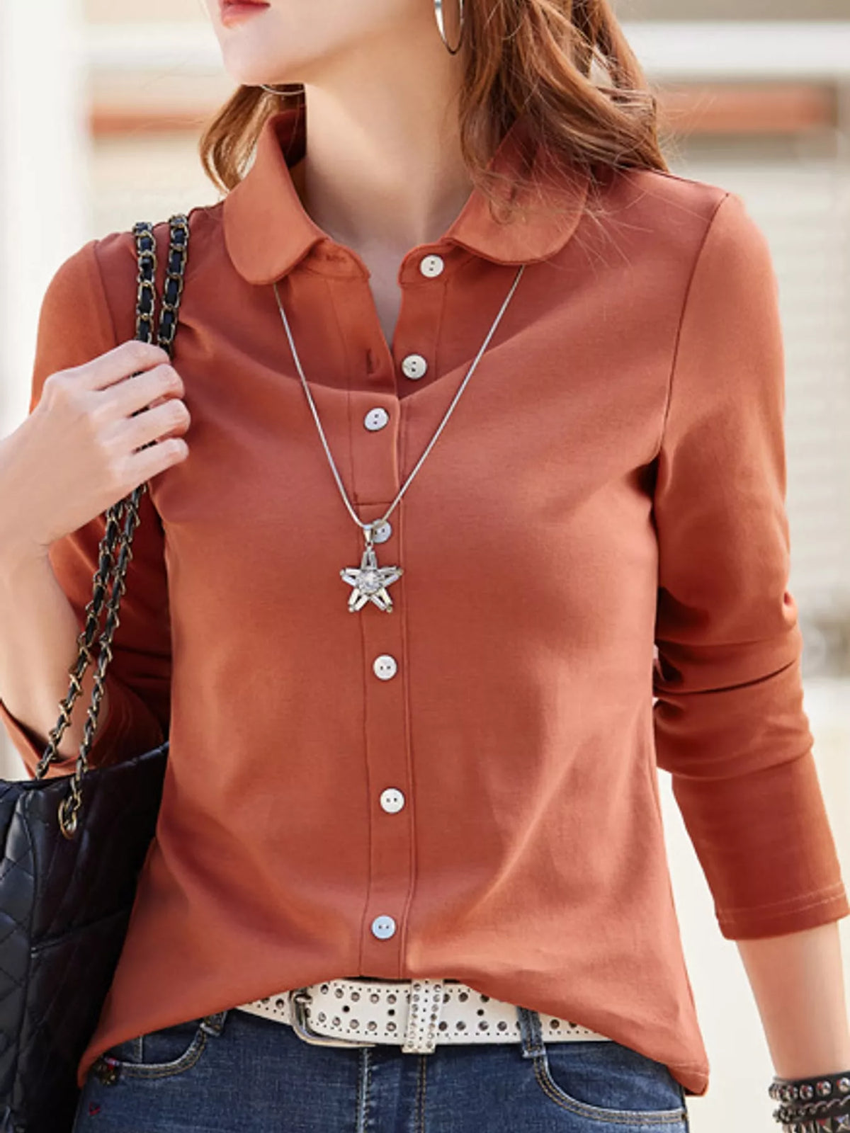 Full Size Button-Down Long Sleeve Shirt Plus Size in Pumpkin Orange