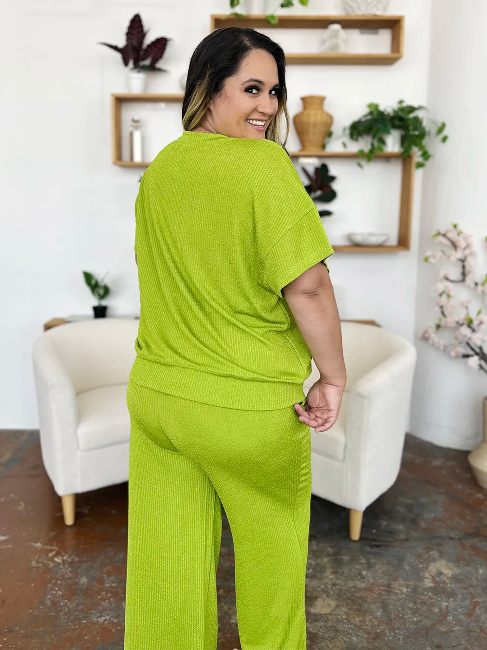 Double Take Full Size Texture Round Neck Short Sleeve T-Shirt and Wide Leg Pants, view 8