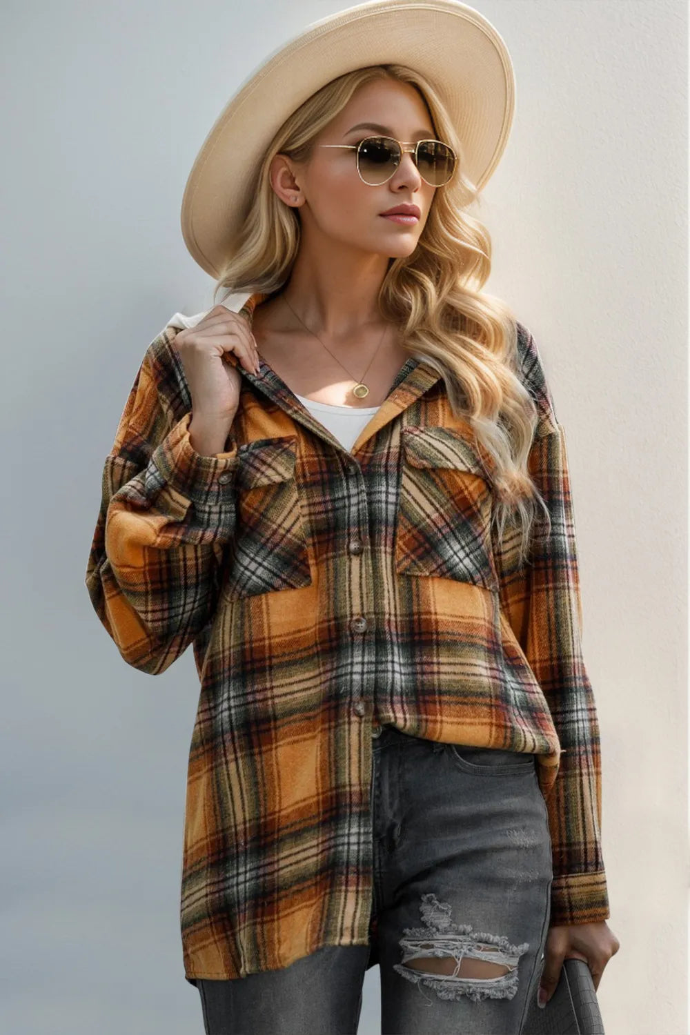 Double Take Drawstring Plaid Long Sleeve Hooded Shacket - Lilixa.store