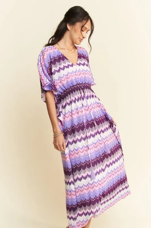 Davi & Dani Multi Color Wavy Tie Waist Flowy Sleeve Dress - Lilixa.store
