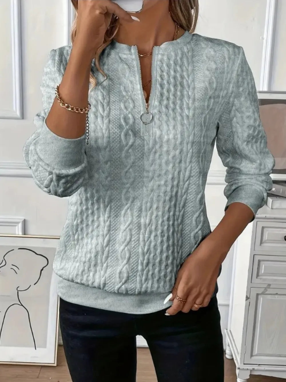 Texture Half Zip Long Sleeve Sweatshirt - Lilixa.store