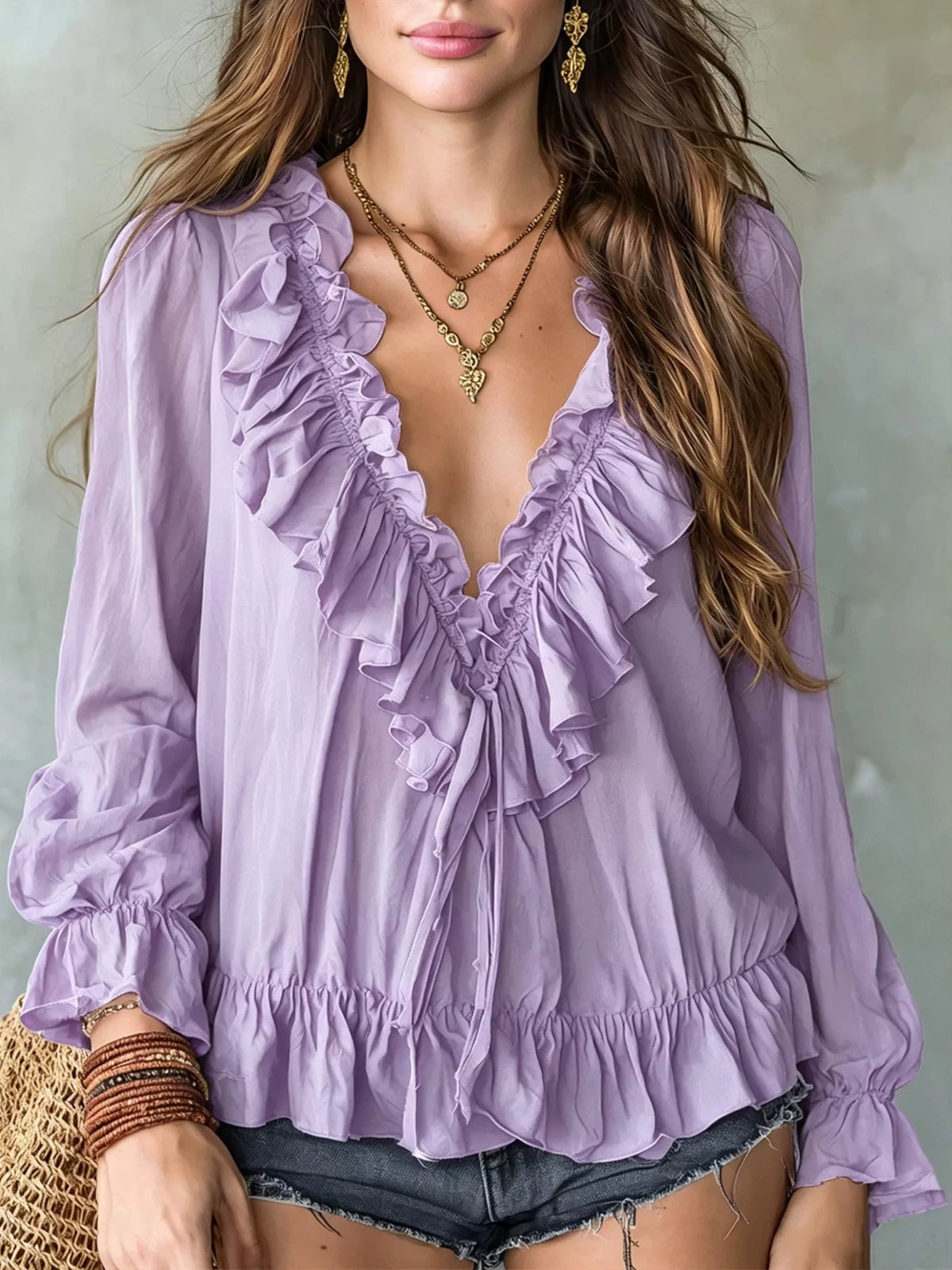 Ruffle V-Neck Long Sleeve Blouse in Pink Purple
