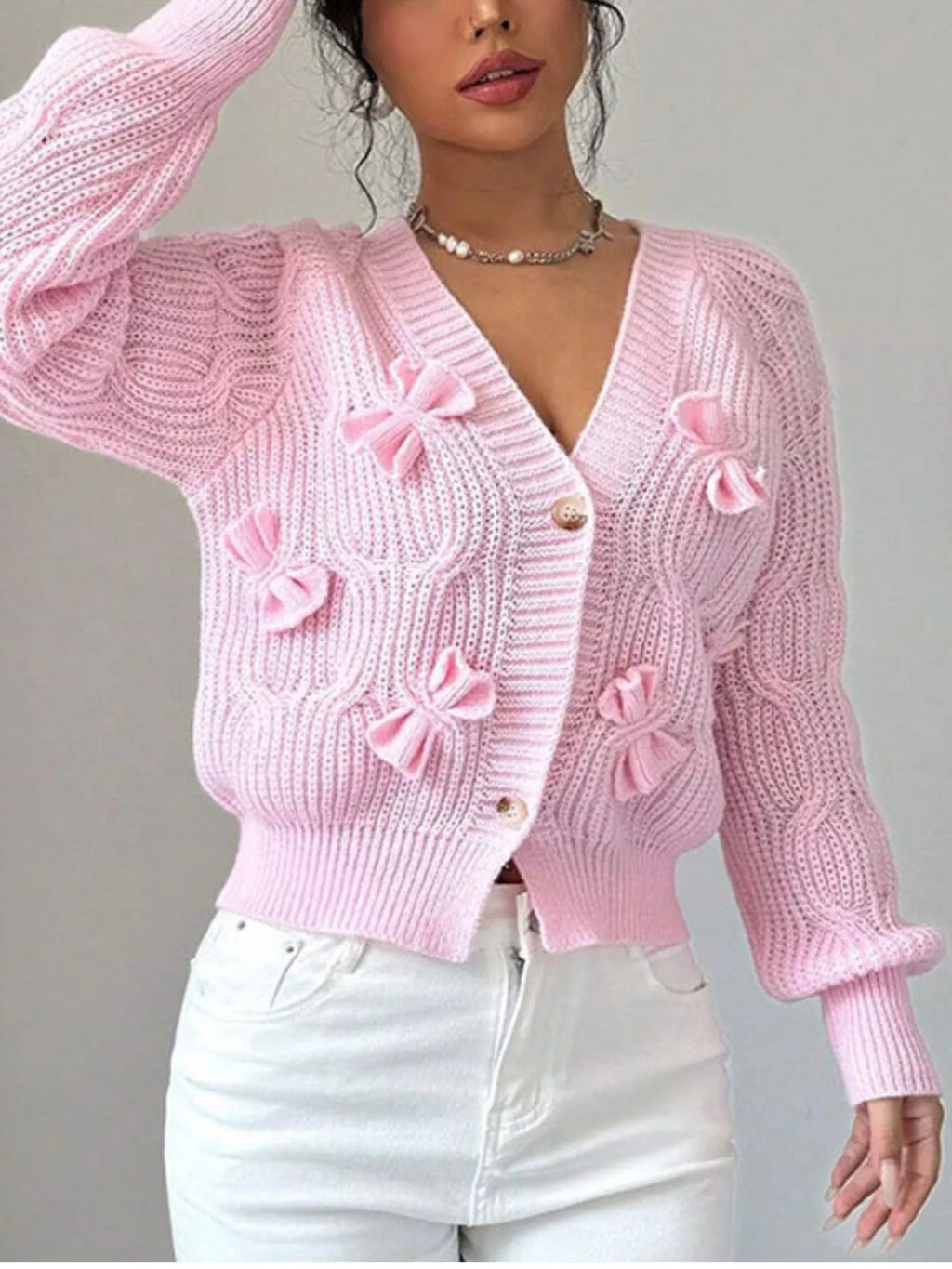 Bow Cable Knit V-Neck Cardigan - Lilixa.store