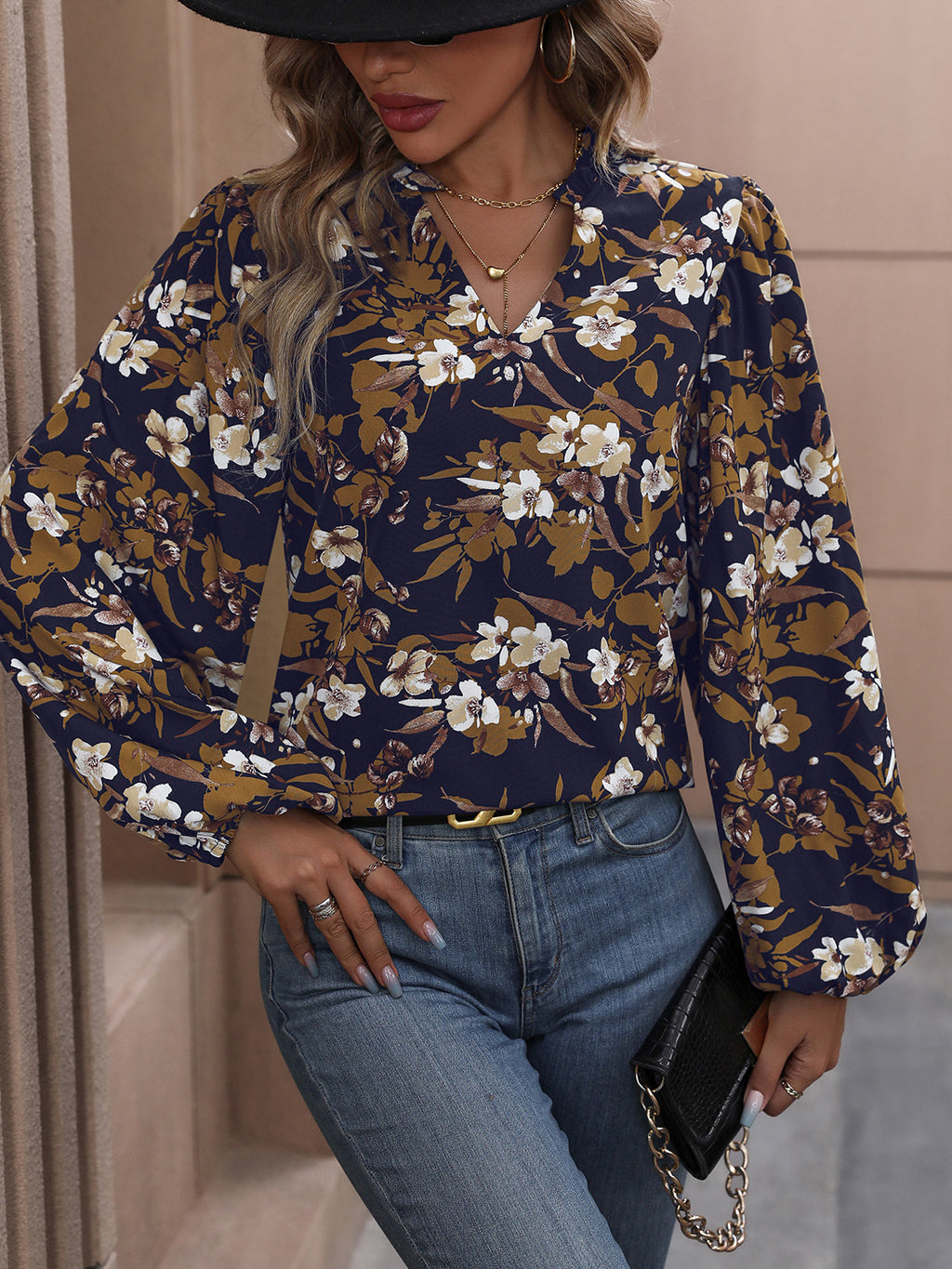 Perfee Floral Notched Balloon Sleeve Blouse - Lilixa.store