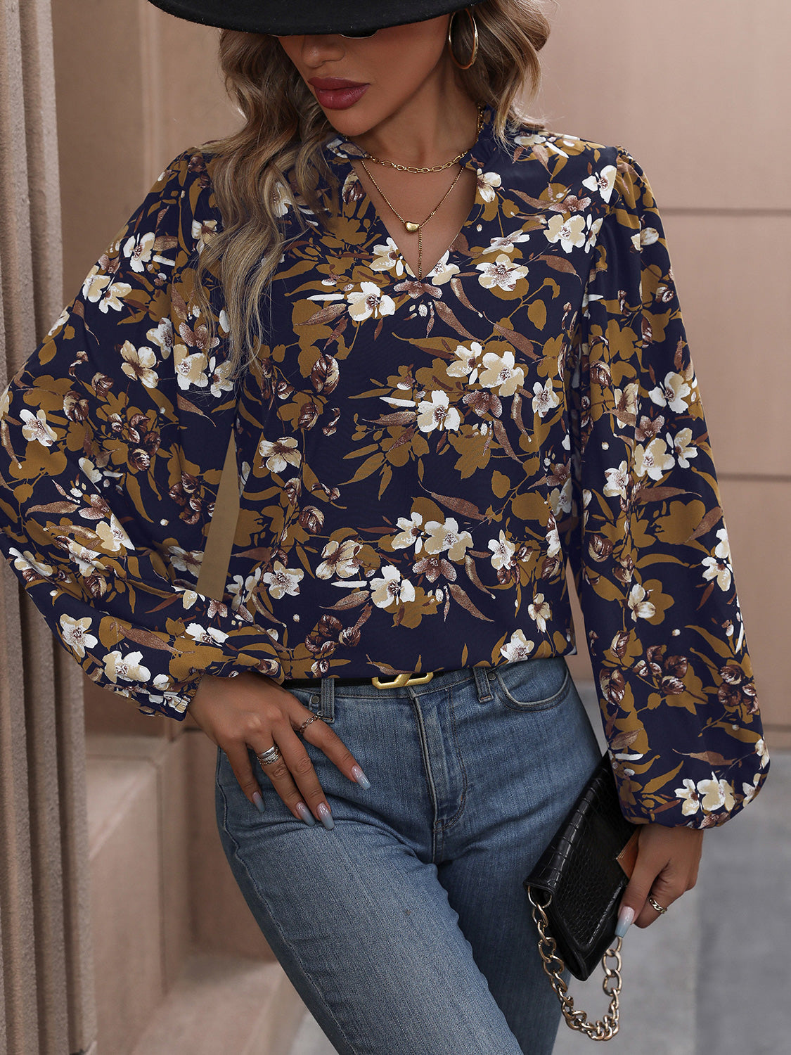 Perfee Floral Notched Balloon Sleeve Blouse in Navy, view 5