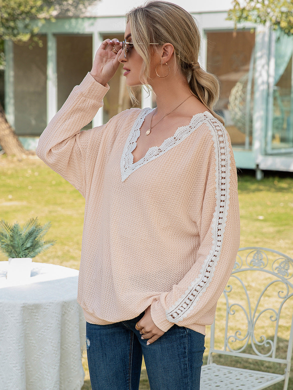 Ivy Lane Contrast Spliced Lace V-Neck Top in Apricot