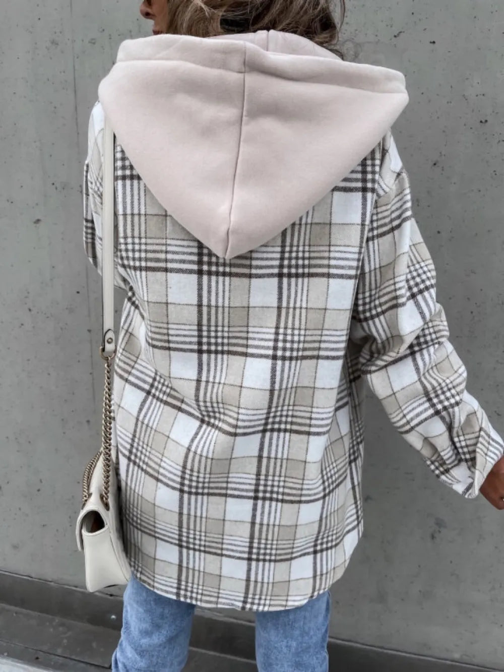 Plaid Dropped Shoulder Hooded Jacket, view 4