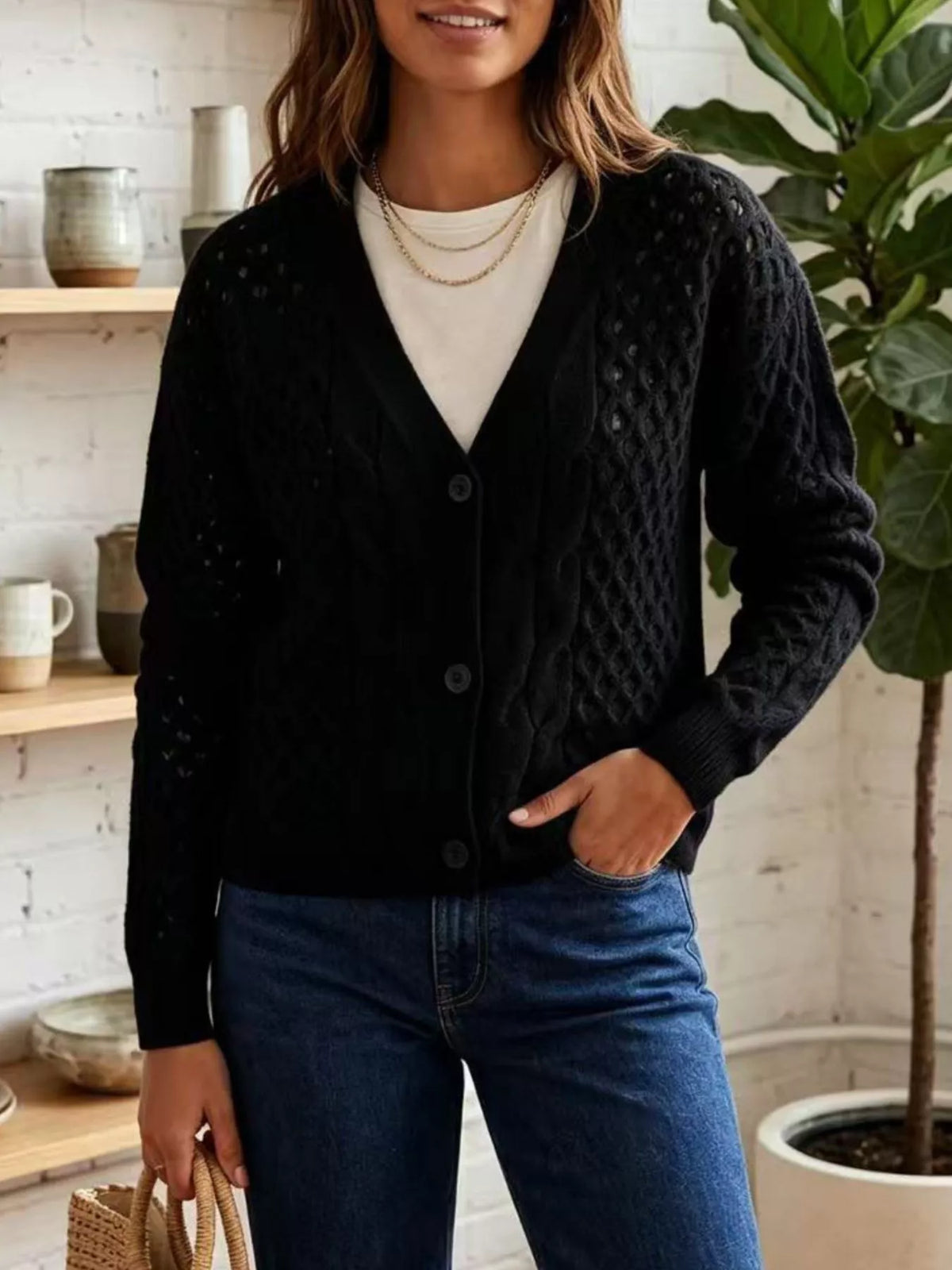 Cable-Knit V-Neck Button-Down Cardigan in Black