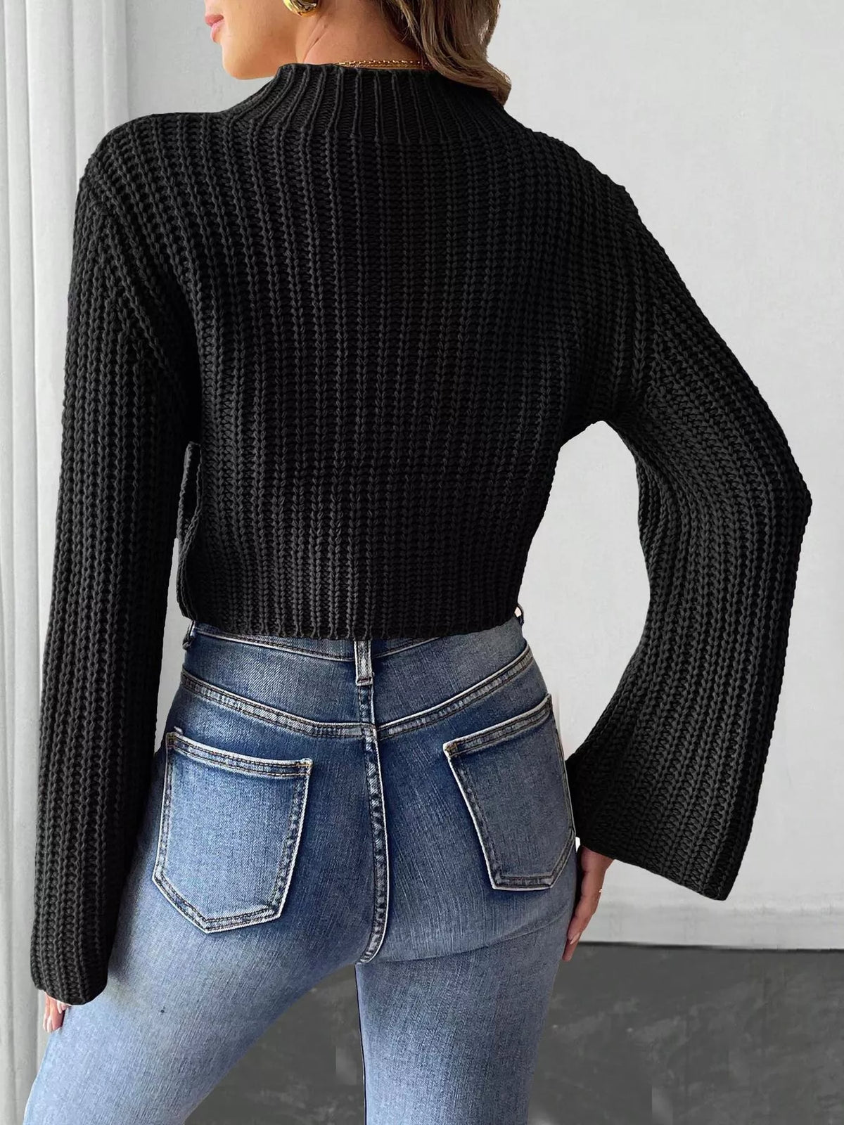 Bow-Decorated Mock Neck Cropped Sweater - Lilixa.store