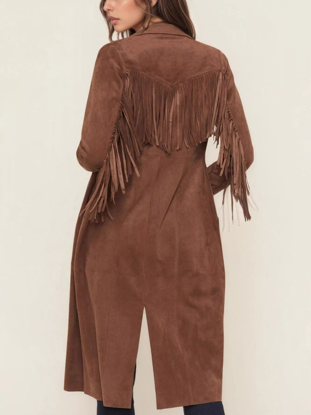 Fringe Lapel Collar Long Sleeve Coat in Brown, view 2