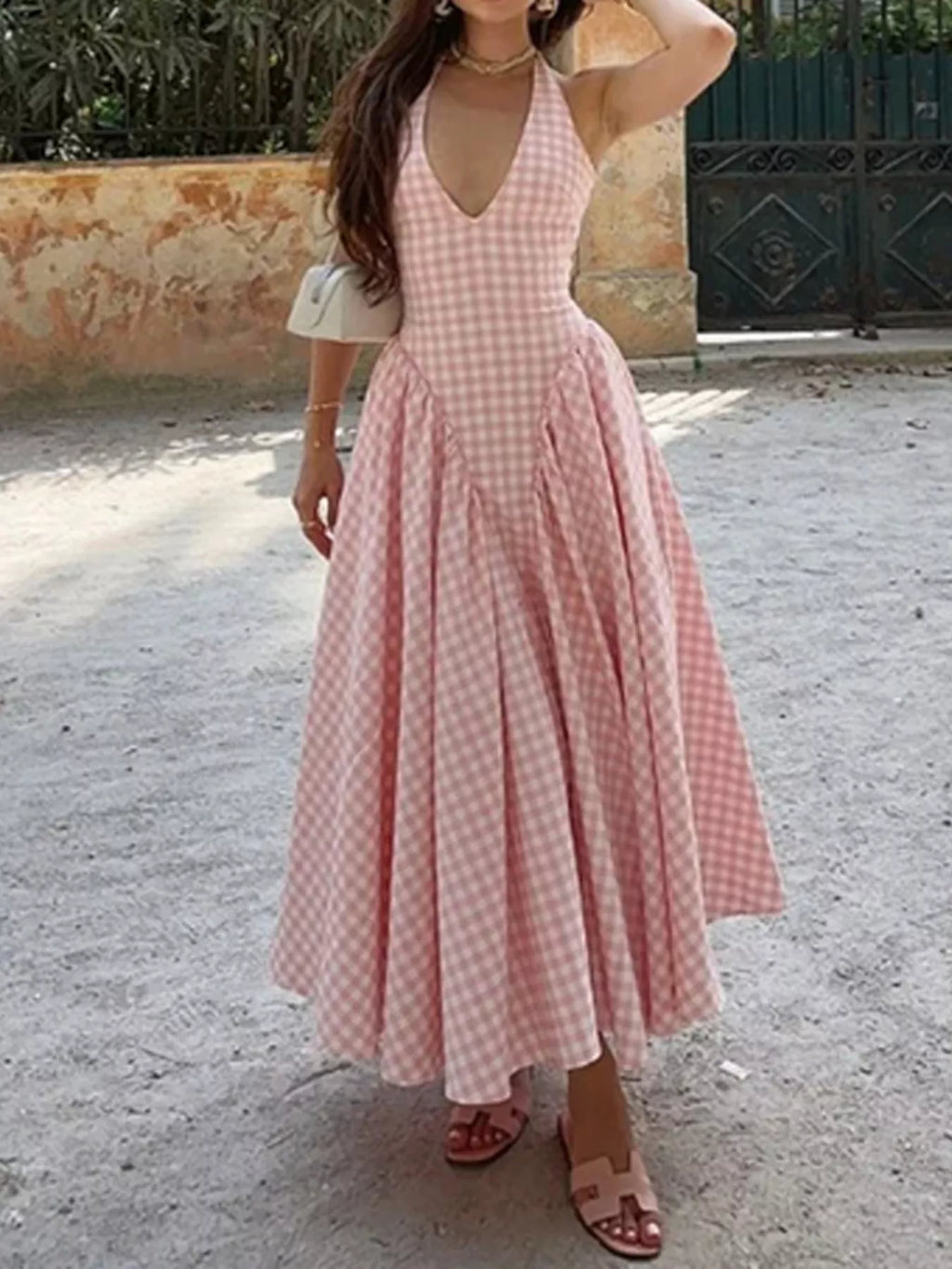 Full Size Gingham Halter Neck Maxi Dress Plus Size - Lilixa.store
