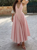 Full Size Gingham Halter Neck Maxi Dress Plus Size - Lilixa.store