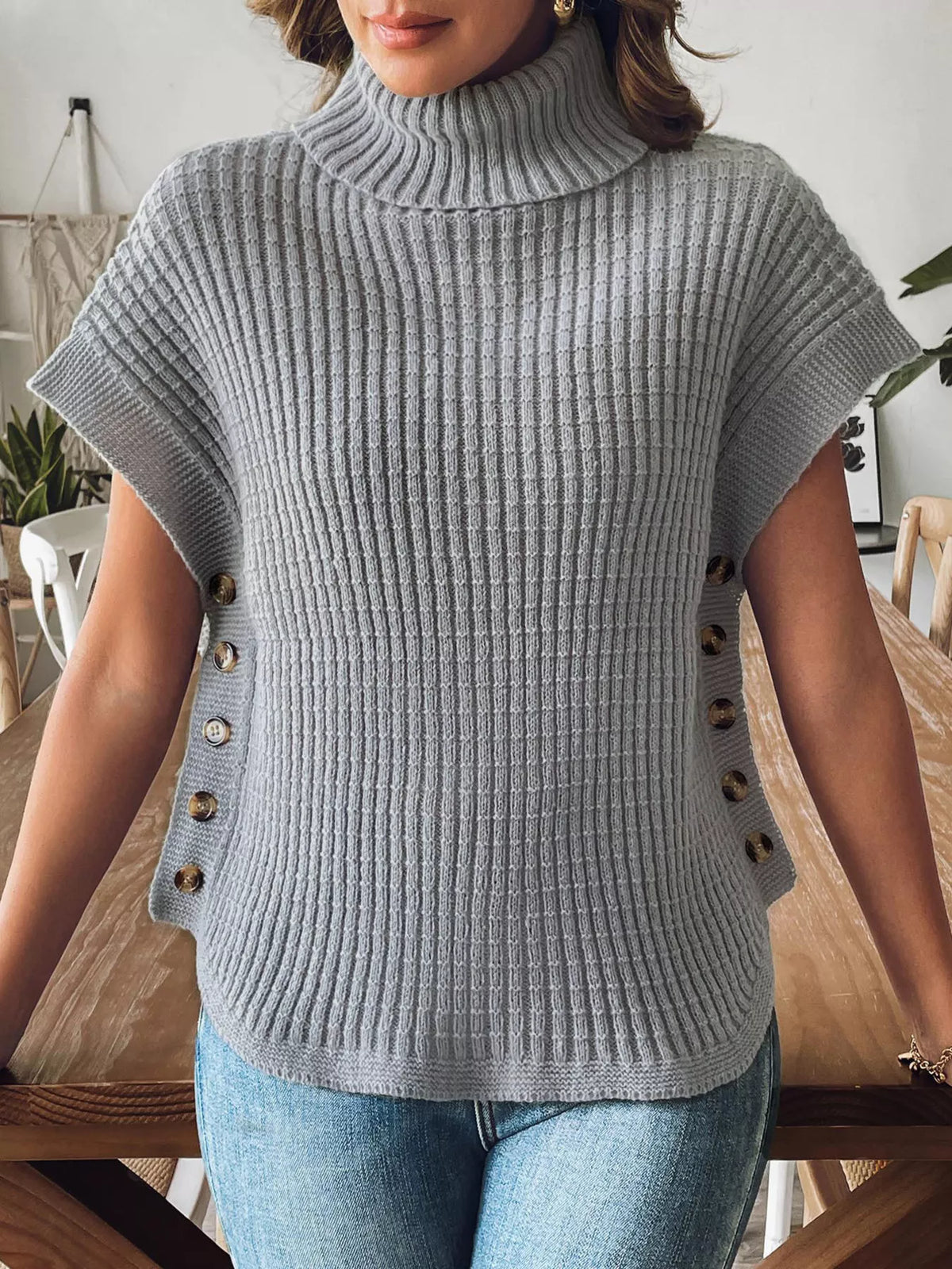 Ribbed Turtleneck Sweater with Side Button Detail, view 4