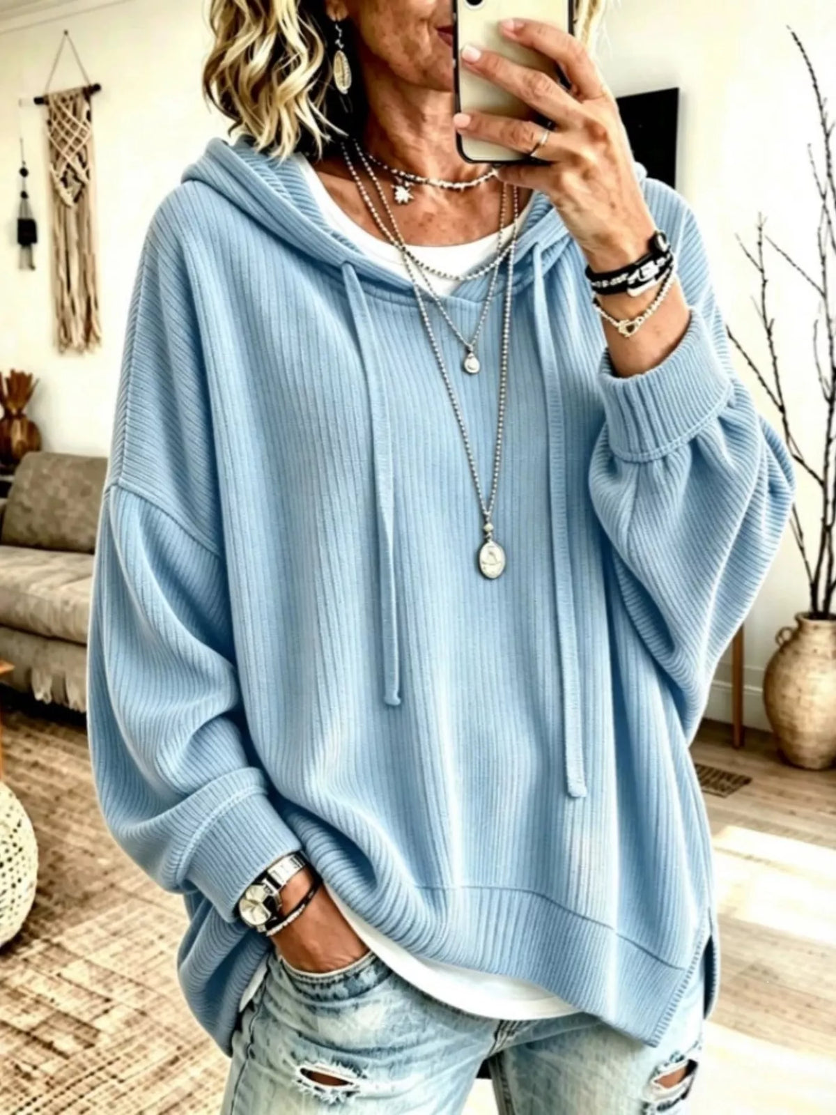 Drawstring Ribbed Knit Hoodie - Lilixa.store