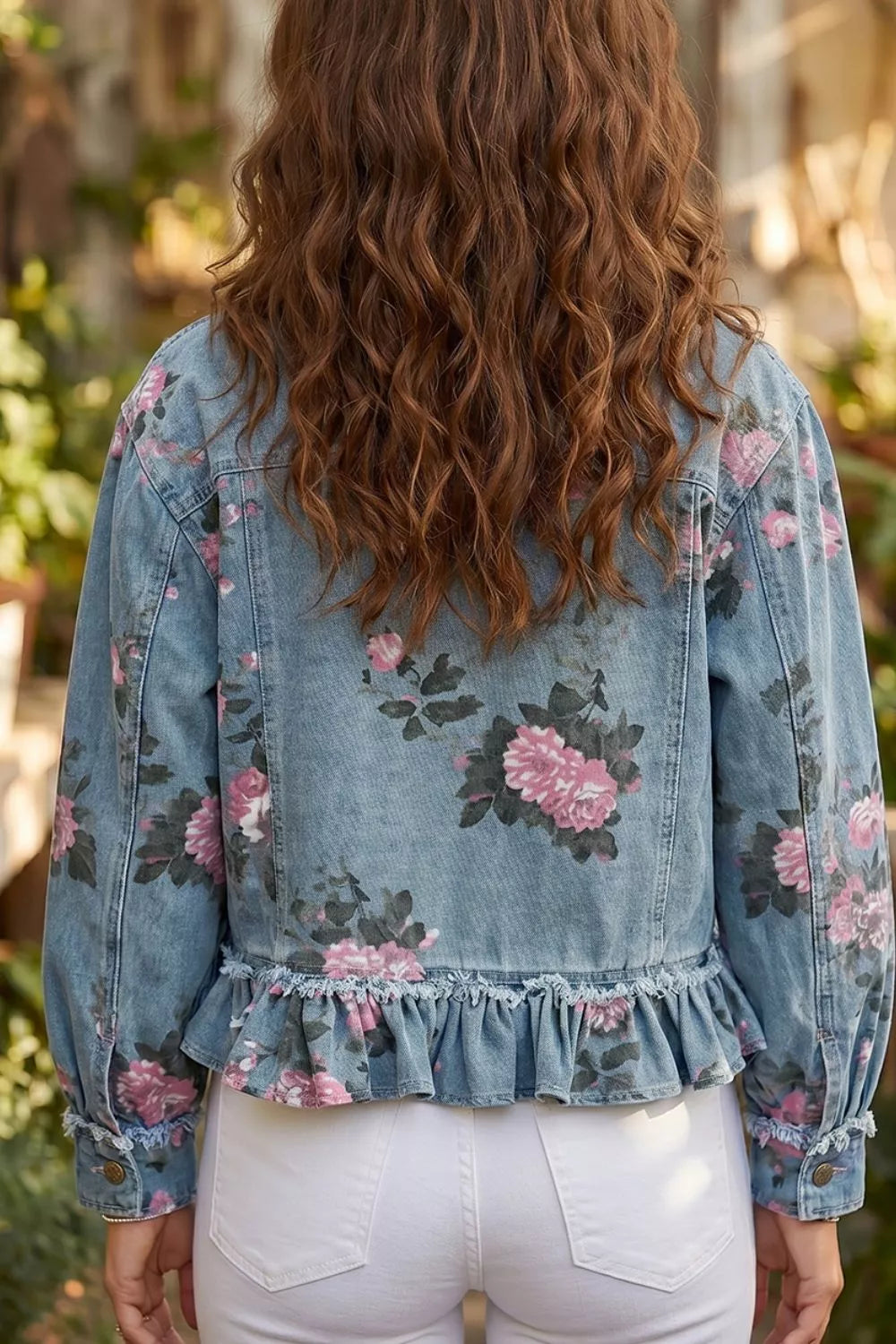Floral Print Denim Jacket with Ruffled Hem in Light Blue, view 6