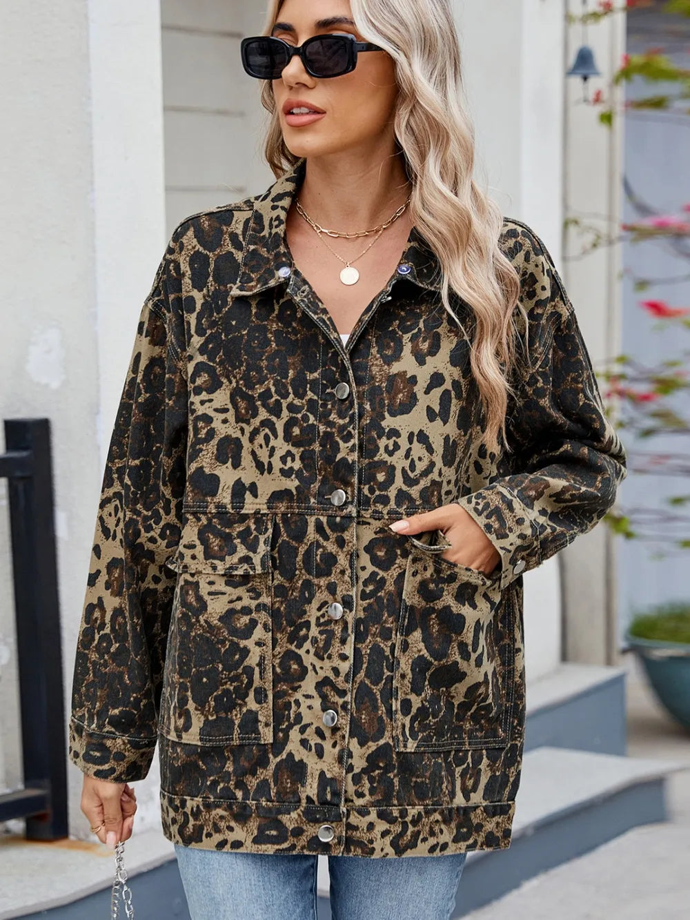 Leopard Button Up Drop Shoulder Denim Jacket, view 4