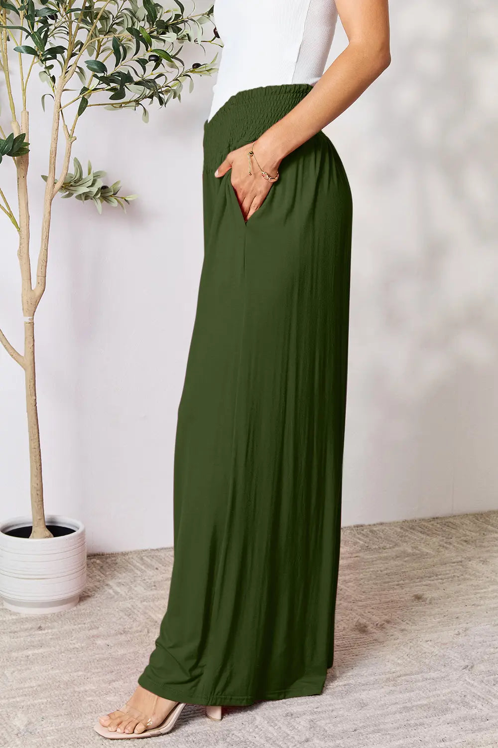 Basic Bae Full Size Smocked Wide Waistband Wide Leg Pants - Lilixa.store