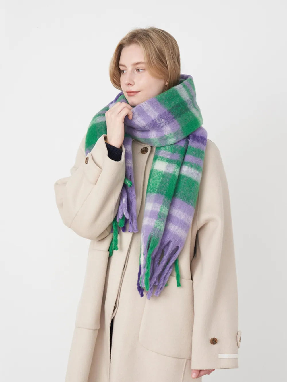 Fringe Plaid Polyester Scarf - Lilixa.store