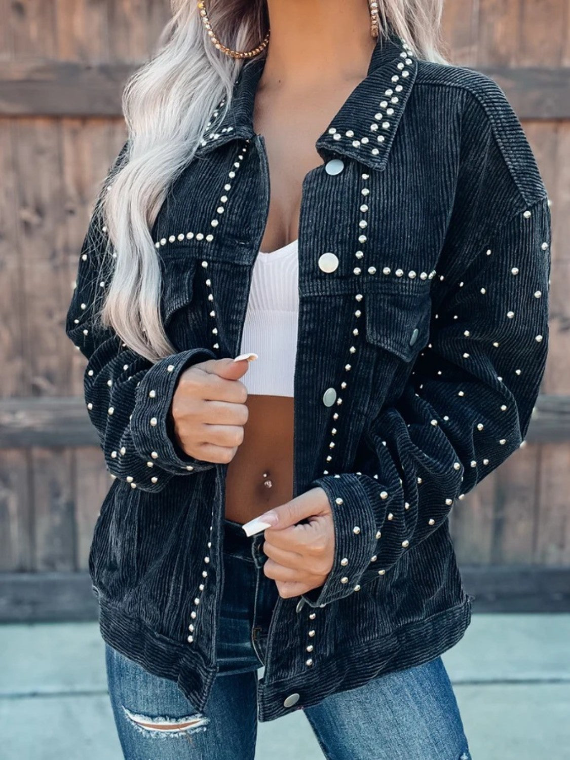 Studded Collared Neck Button Down Jacket in Black