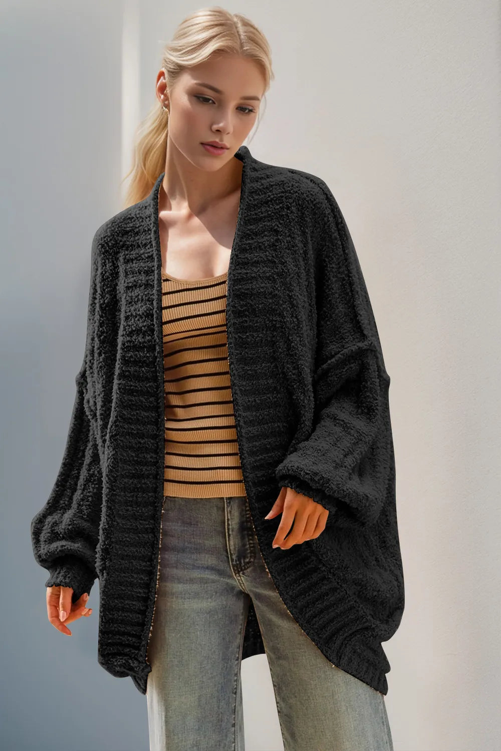 Double Take Full Size Open Front Long Sleeve Cardigan in Black
