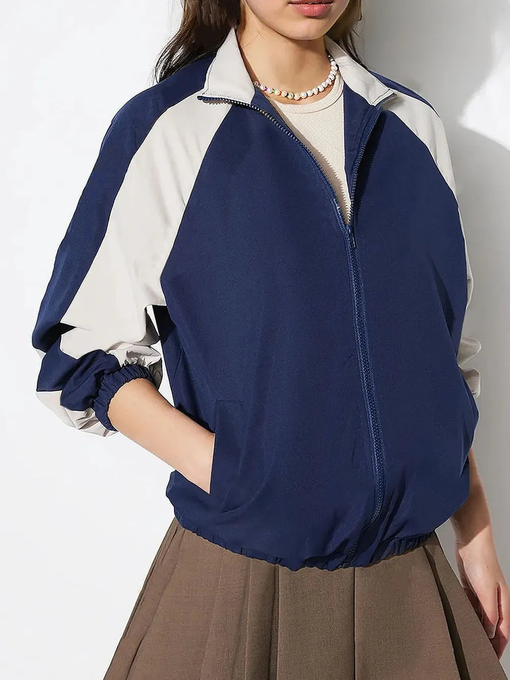 Contrast Zip Up Collared Neck Long Sleeve Jacket in Dark Blue, view 3