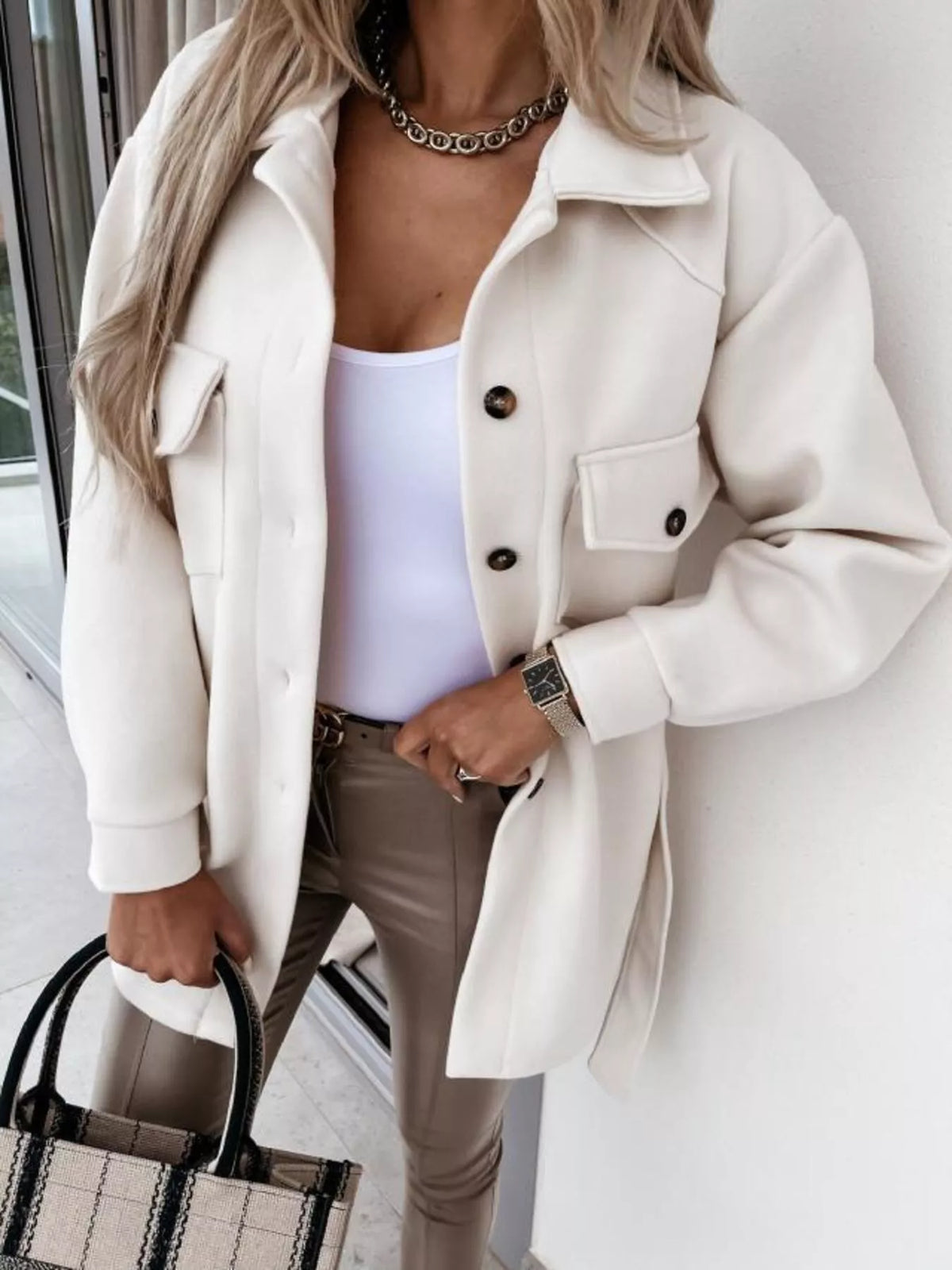 Button-Down Tie Waist Coat in White