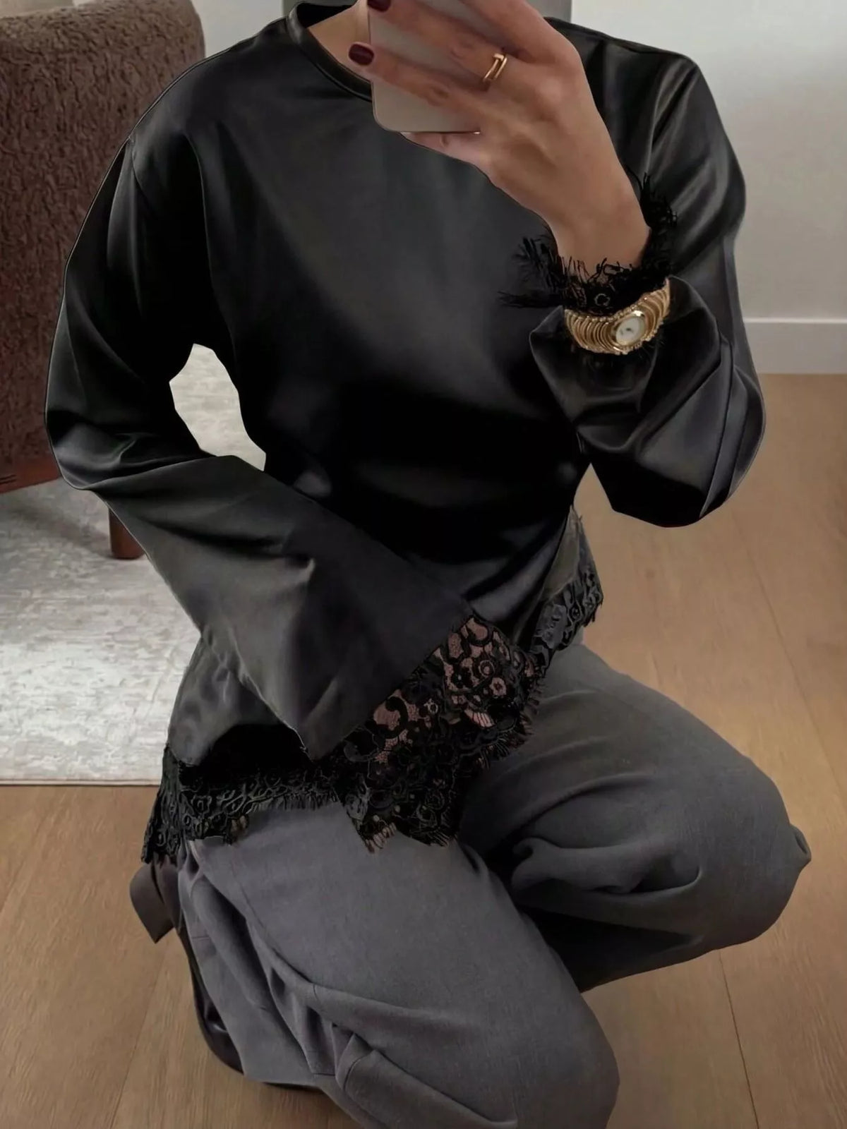 Satin Lace Trim Flare Sleeve Blouse, view 5